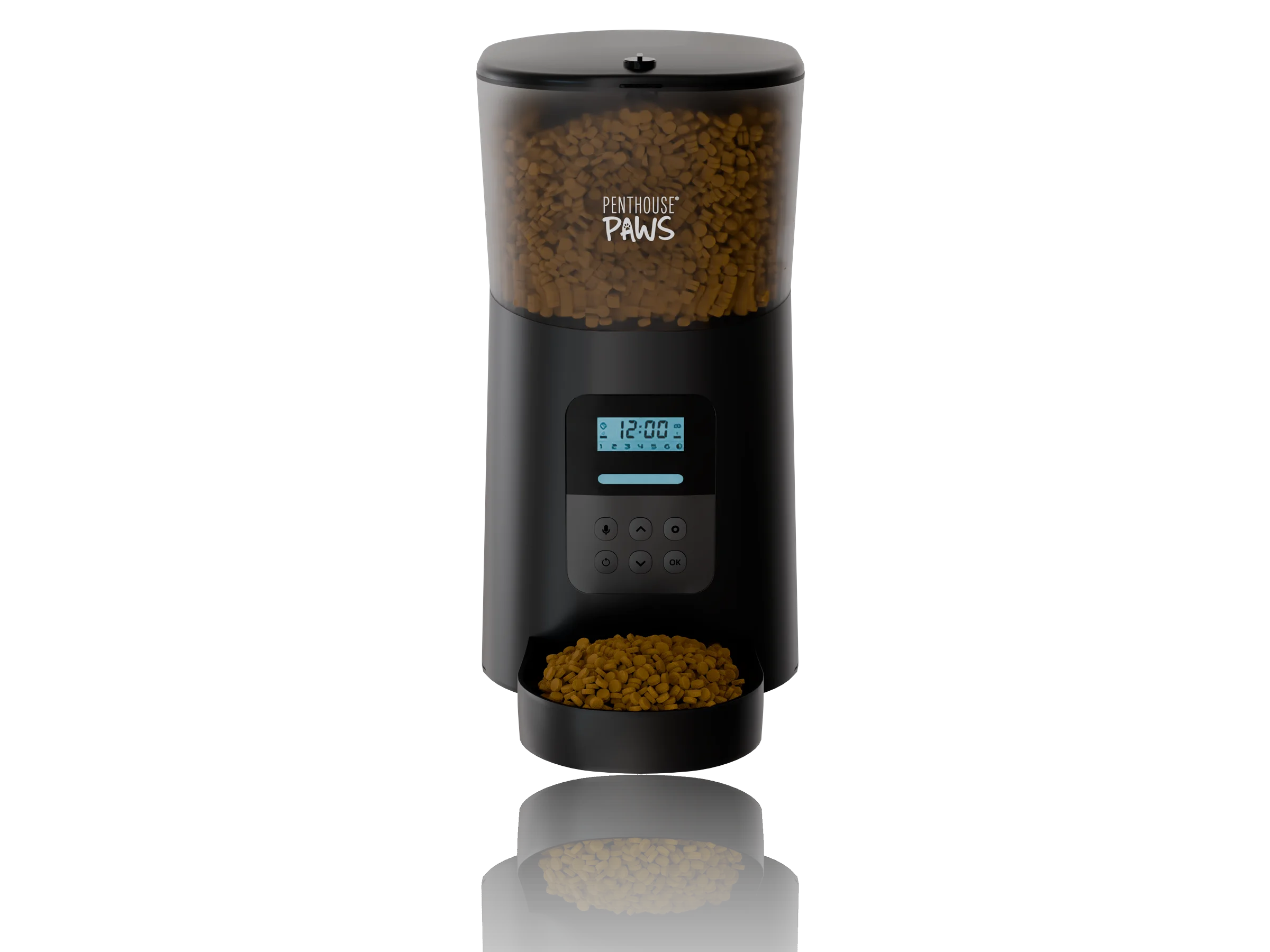 Black smart pet feeder product render on a neutral studio background