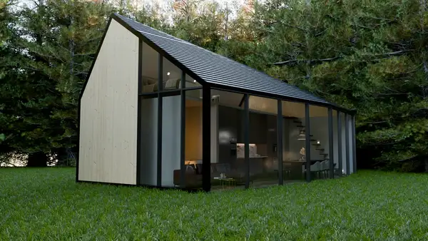 Glass-Fronted Forest Cabin at Dusk