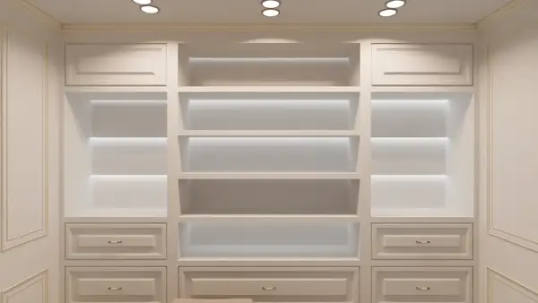 White panelled shelving unit with LED strips lighting each shelf