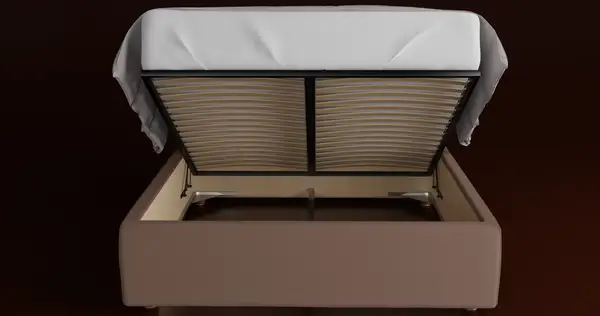 Upholstered storage bed with the slatted base lifted to show the storage space