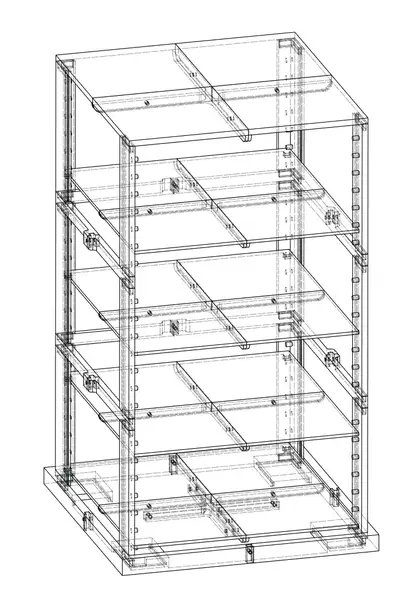Wireframe CAD view of a tall cabinet frame with shelves and fittings
