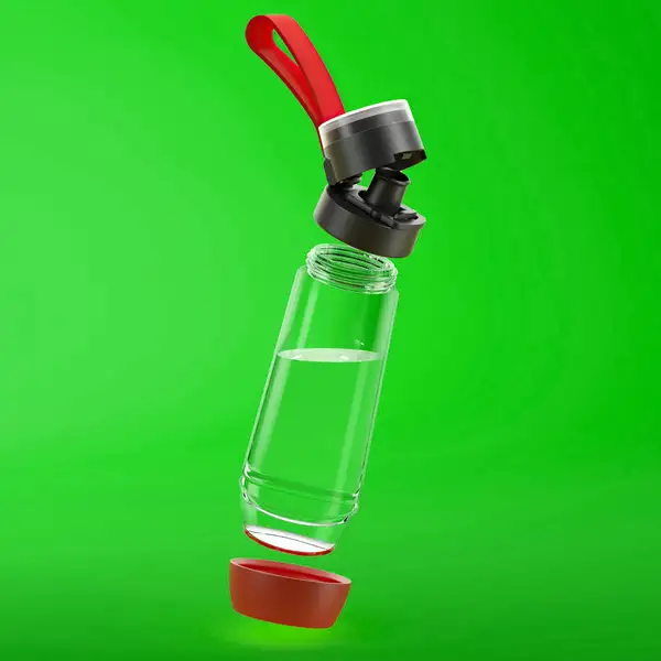 Water bottle separated into strap, cap, body and base on a green background
