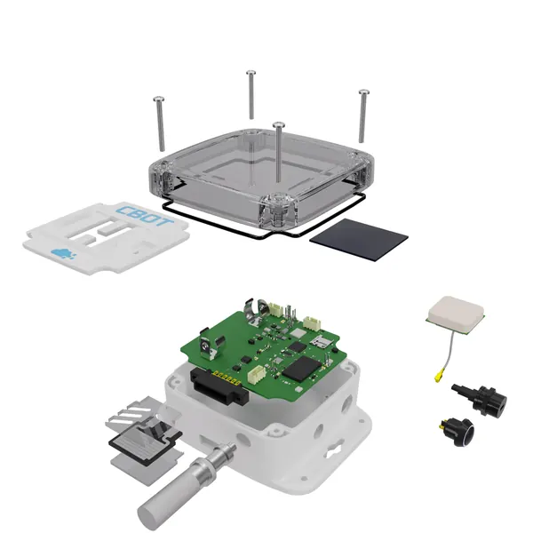 Exploded view of a sensor enclosure showing lid, gasket, screws, circuit board and connectors