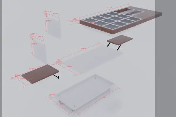 Separated wooden panels, glass shelves and brackets with dimension lines