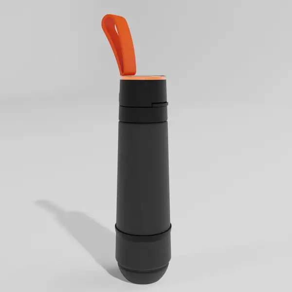 Concept render of a matte black sports bottle with an orange strap
