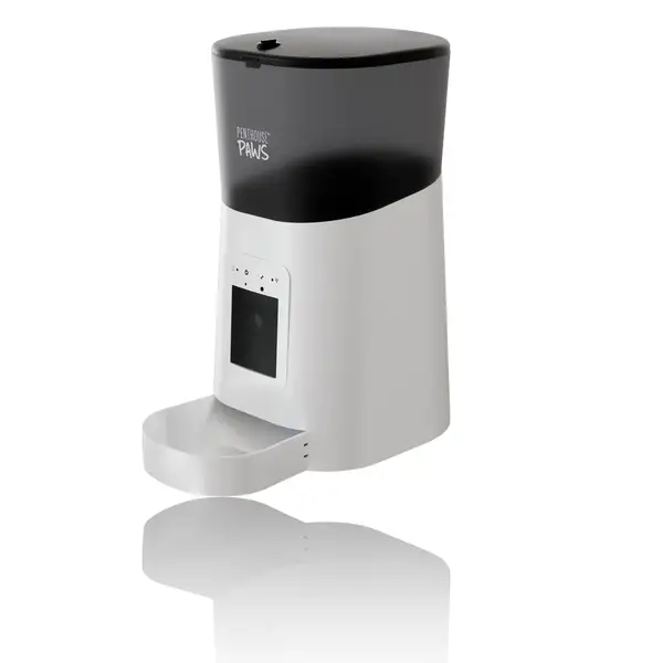 White smart pet feeder with a display and food bowl