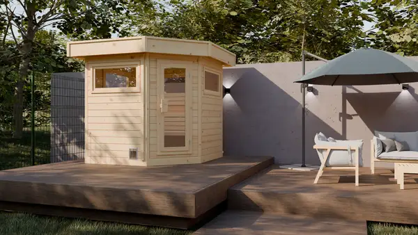 Outdoor sauna cabin on a terrace with lounge furniture and parasol