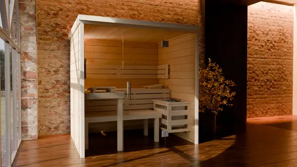 Modern Sauna with Industrial Brick Backdrop