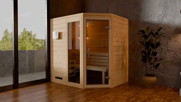 Indoor corner sauna with glass door in a modern room