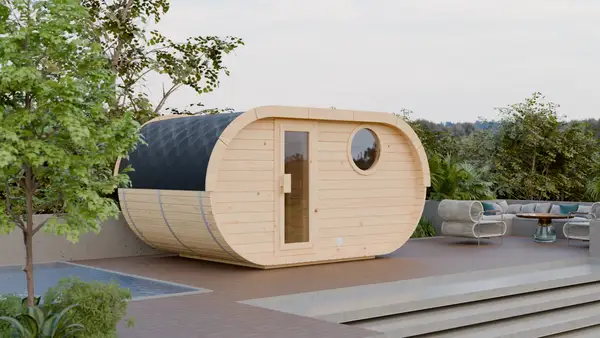 Oval barrel sauna with round window on a poolside deck