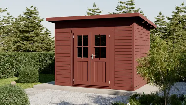 Garden sauna cabin with red painted timber and double doors