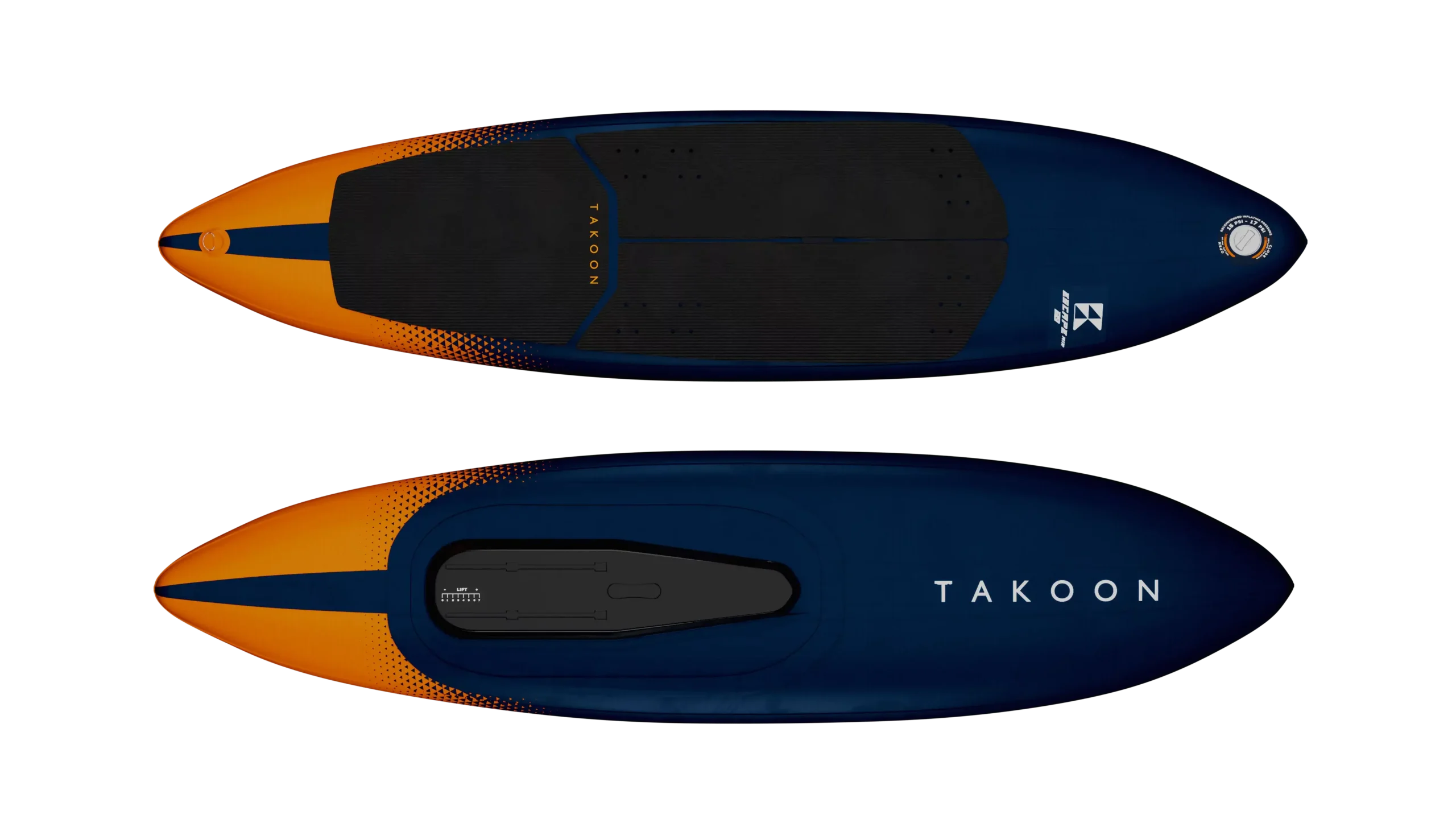 Two surfboards with vibrant orange and blue designs